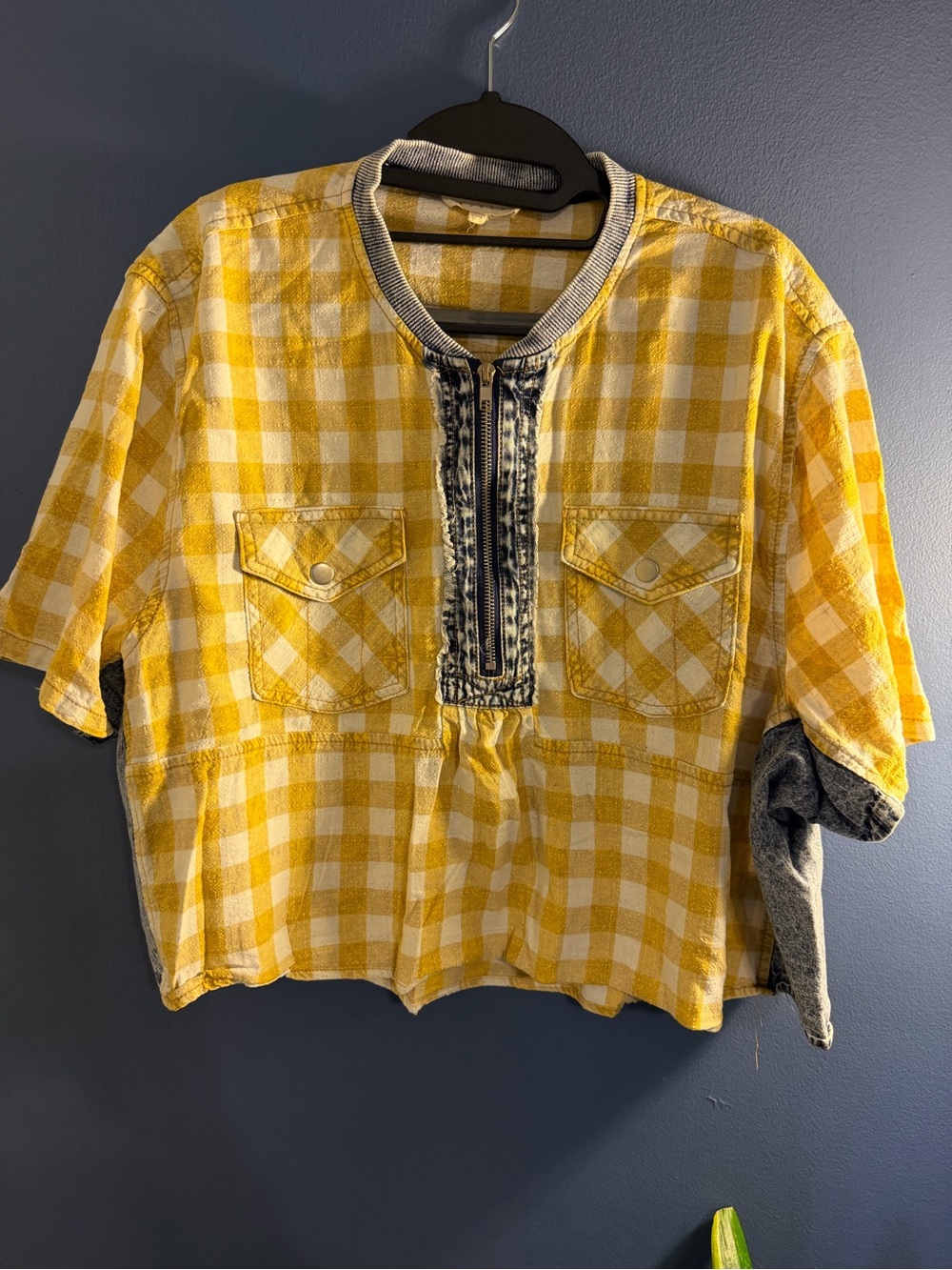 Promesa Yellow and White Gingham Short Sleeve Blouse Large